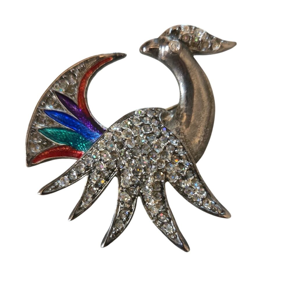 Bird Brooch Pin Silver Tone Multicolor Enamel Round White Rhinestone Prong